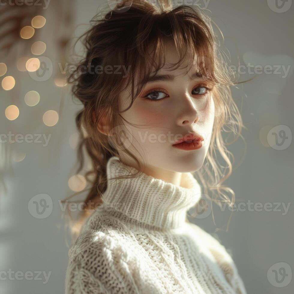young cute asian girl wearing white turtleneck sweater, ai photo