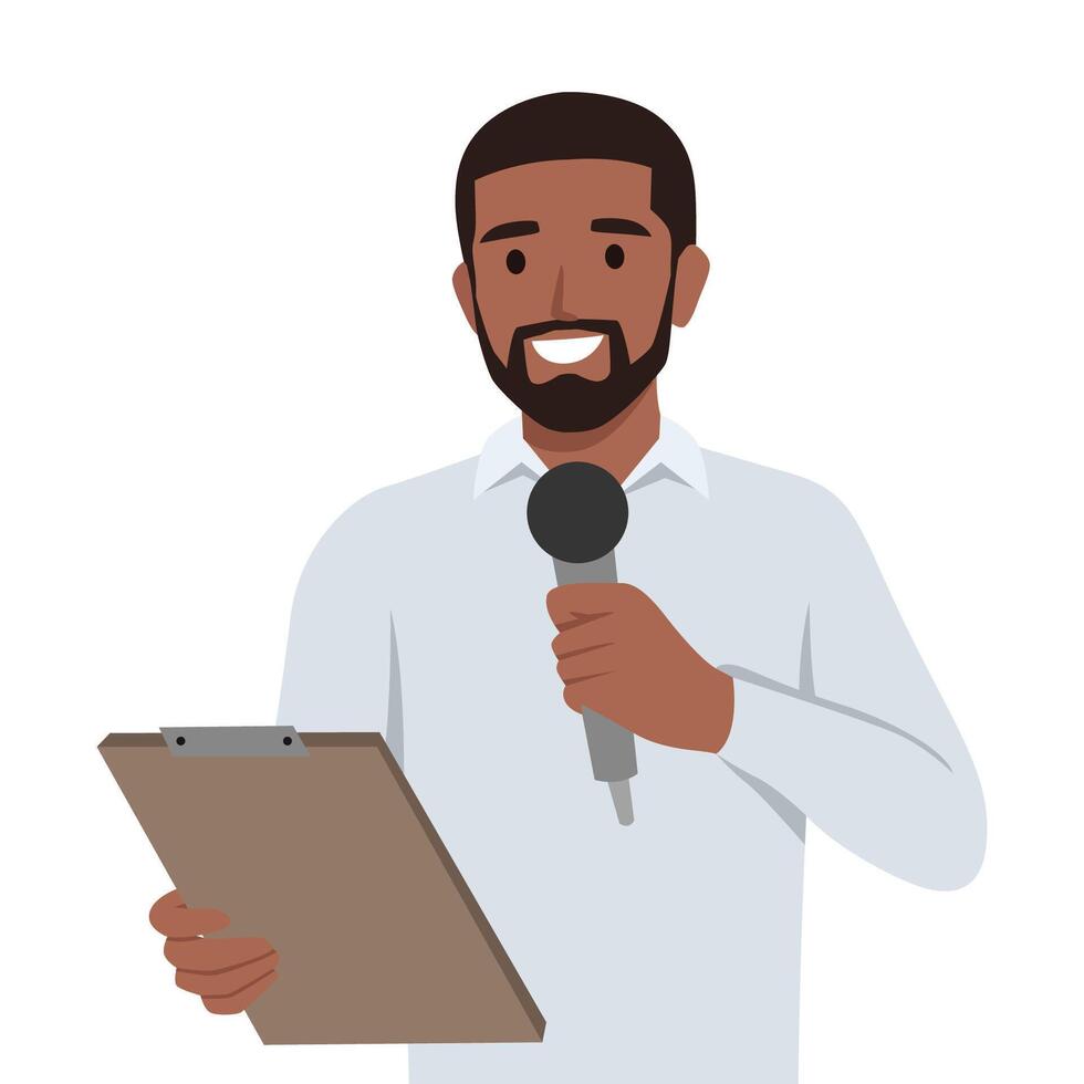 Young man is a journalist who interviews holding clipboard. vector