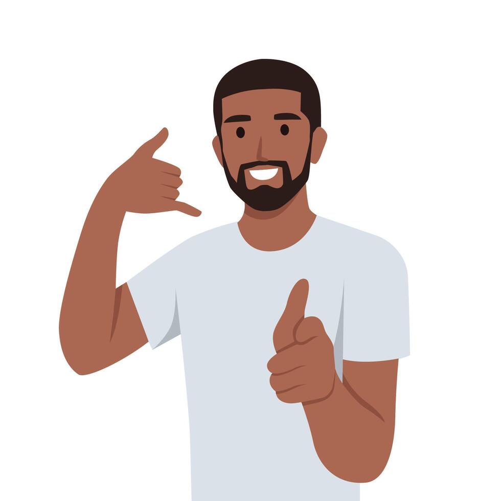 Smiling young man with telephone gesture show call sign. vector