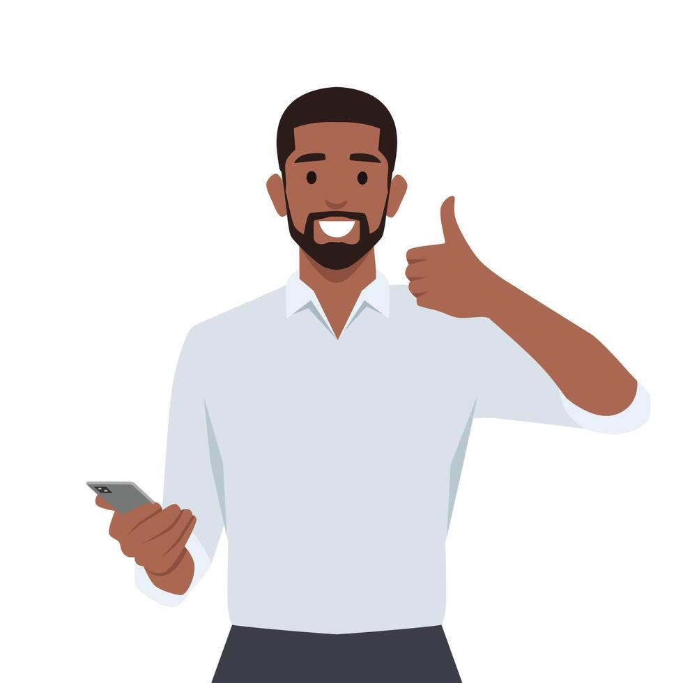 Happy young man showing smartphone and showing thumbs up. vector