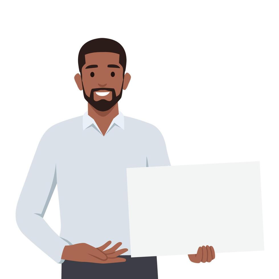 Young man holding or showing or displaying white blank board. vector