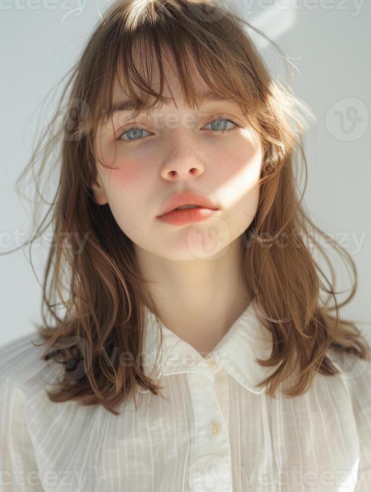 japanese fashion model girl with brown hair bangs, ai photo