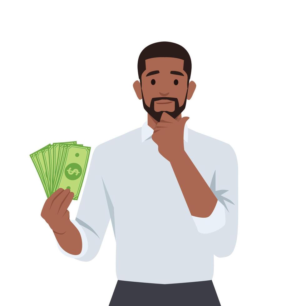 Young black holding money and hand on chin thinking what to invest with his money. vector