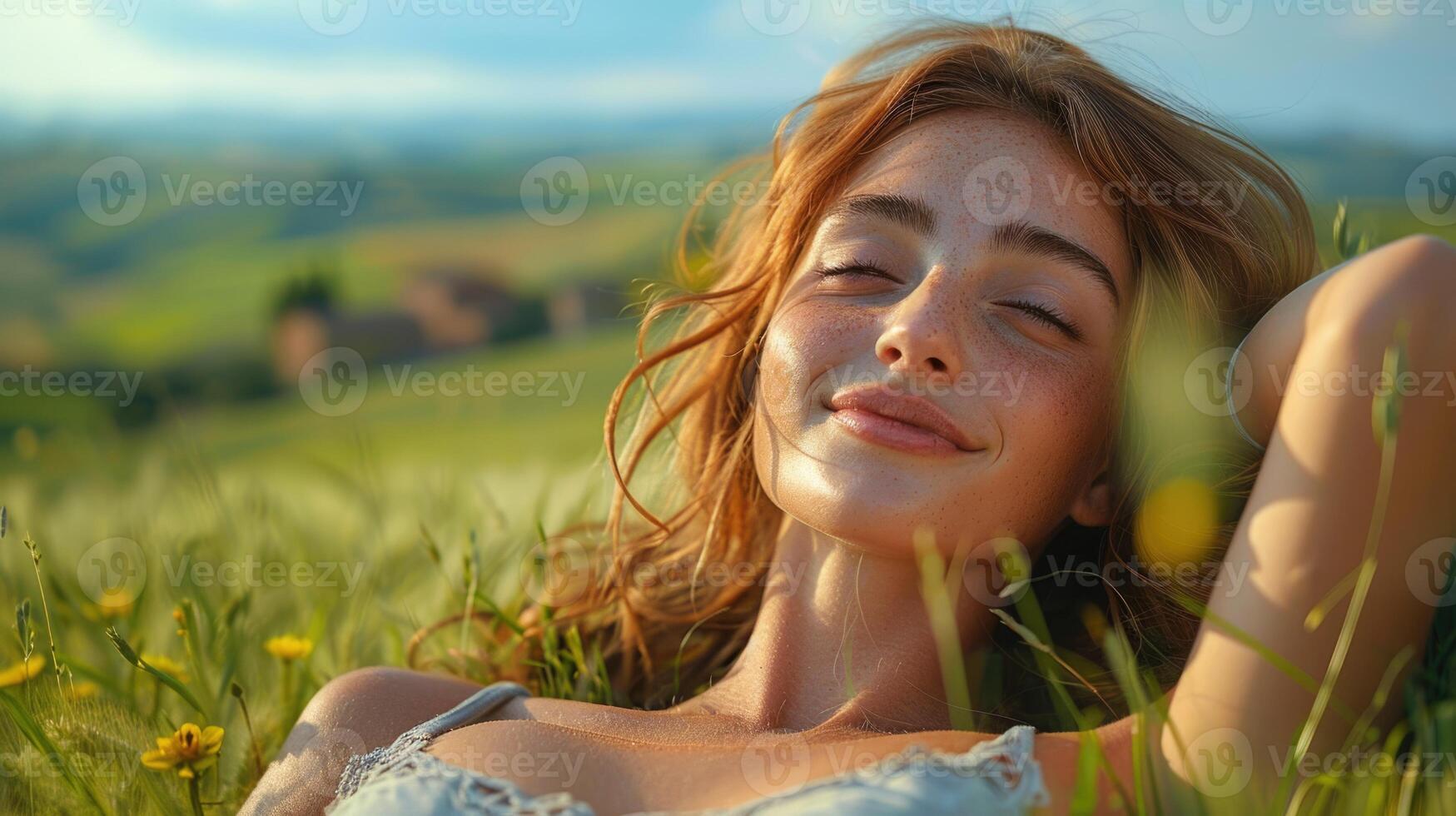 girl resting and relaxing on flower field, ai photo