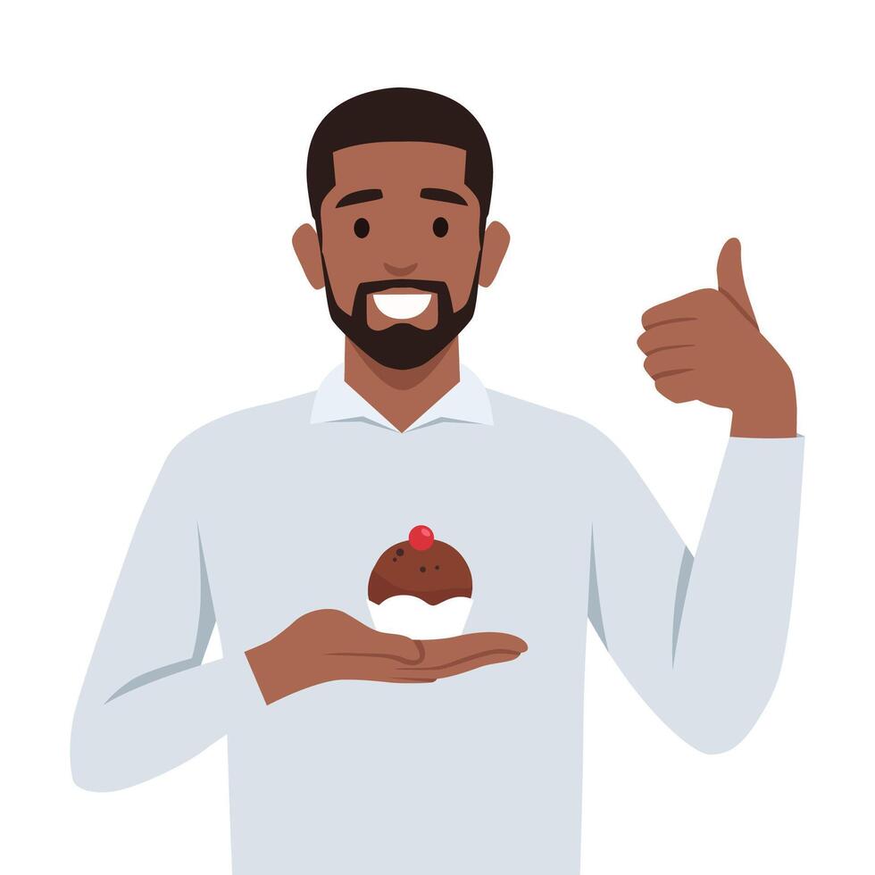 Cheerful businessman holding a cake on a plate and showing thumb up. vector