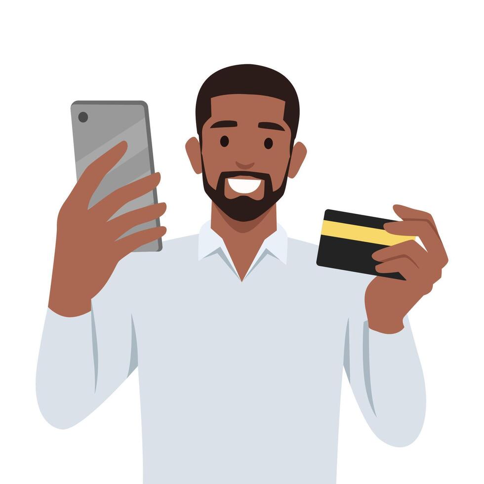 Smiling man holds smart phone and credit card. vector