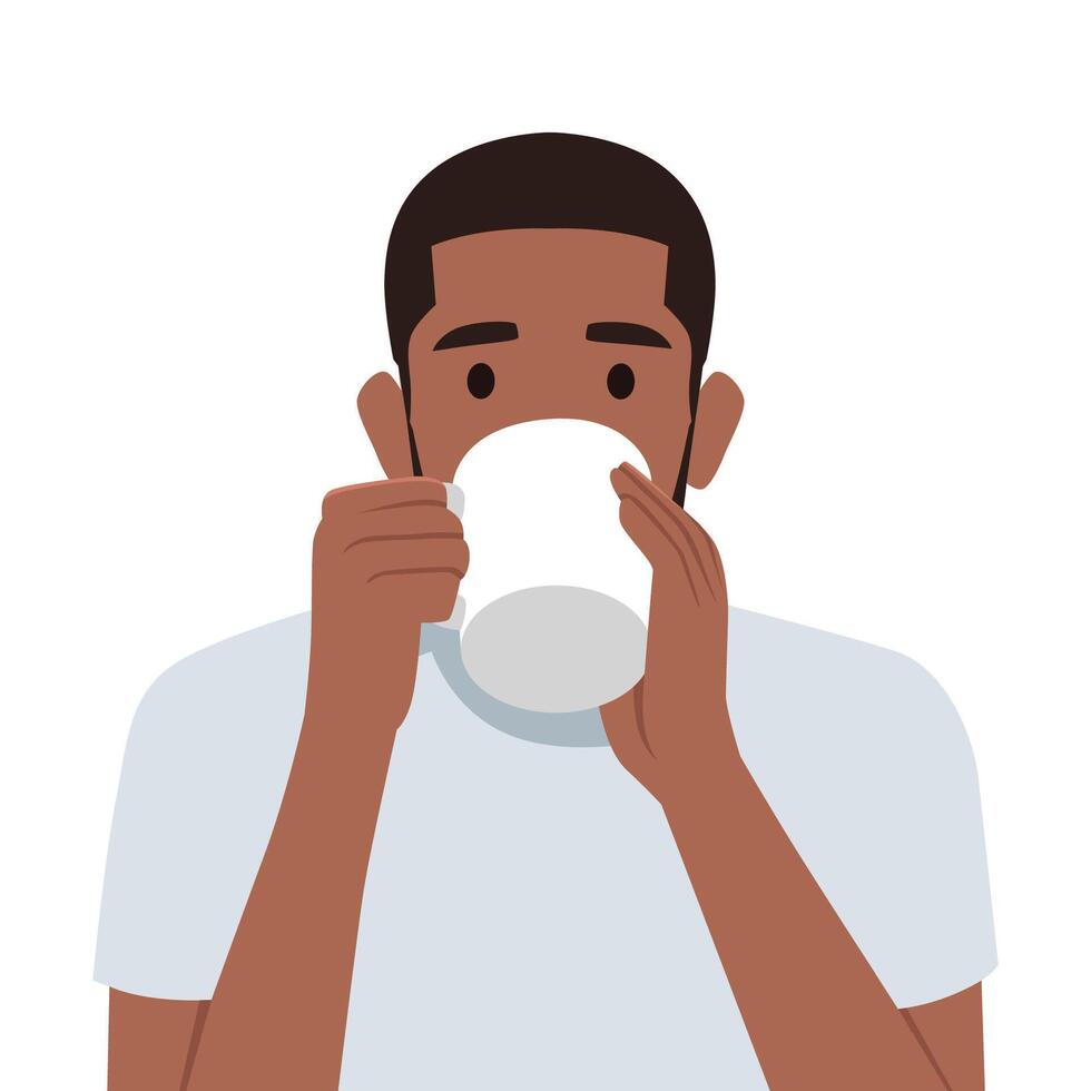 Man enjoying hot tart coffee drink after waking up in morning. vector
