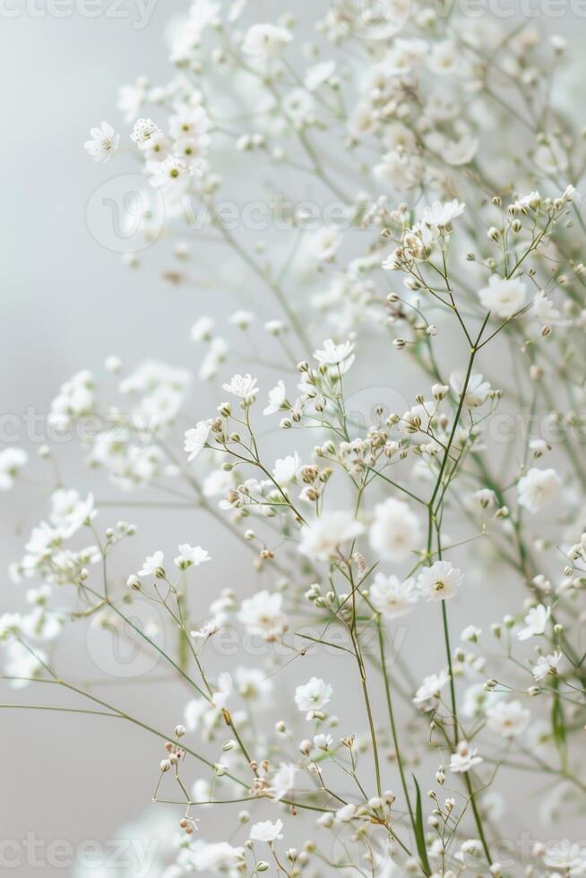 delicate soft white flowers closeup, ai photo