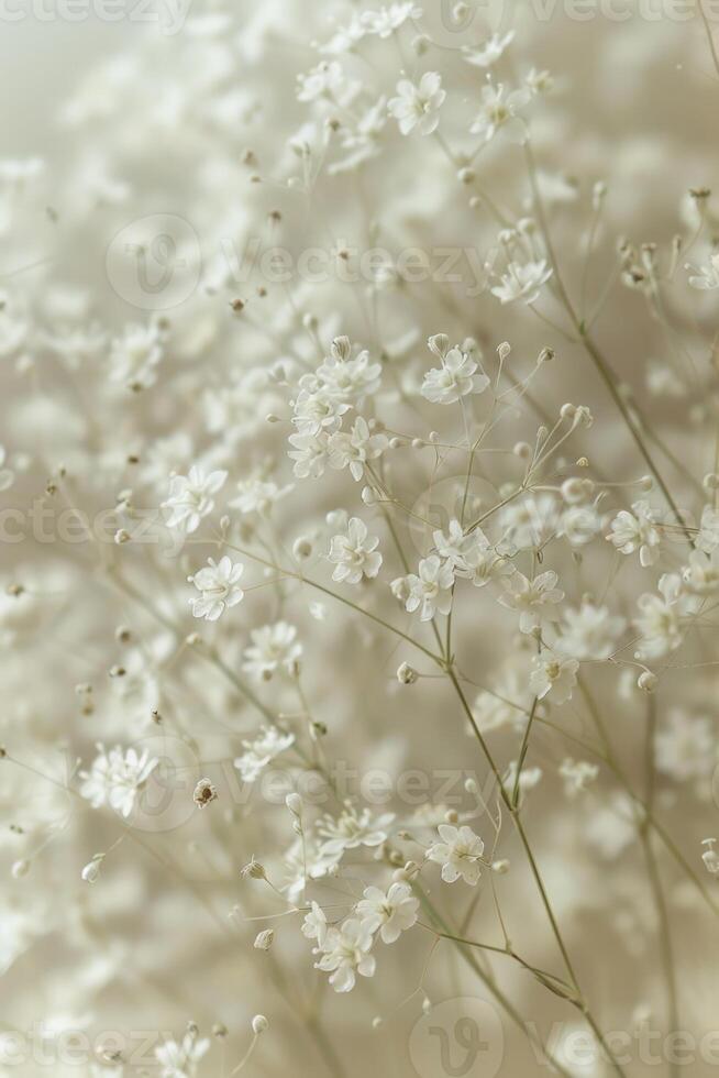 delicate soft white flowers closeup, ai photo