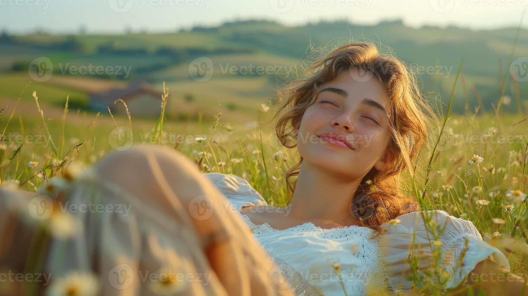 girl resting and relaxing on flower field, ai photo