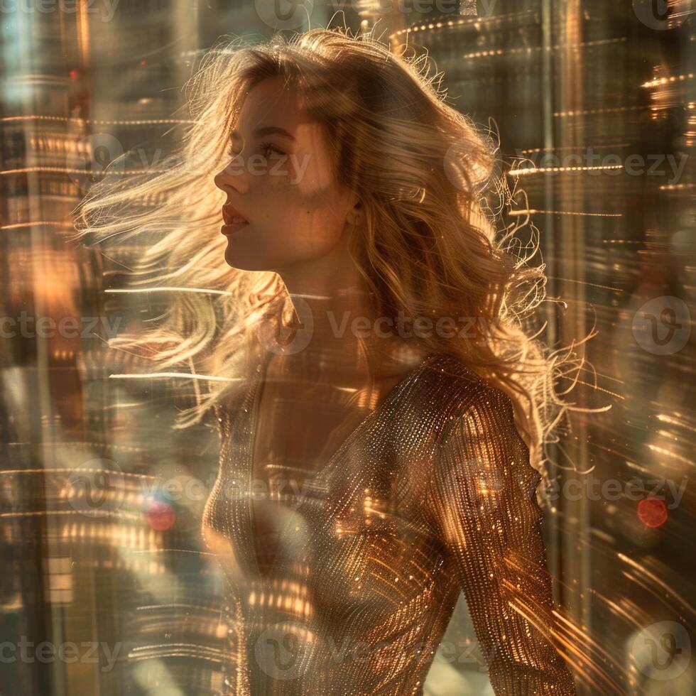 blonde fashion girl gold dress cardigan walking near window apartment, ai photo