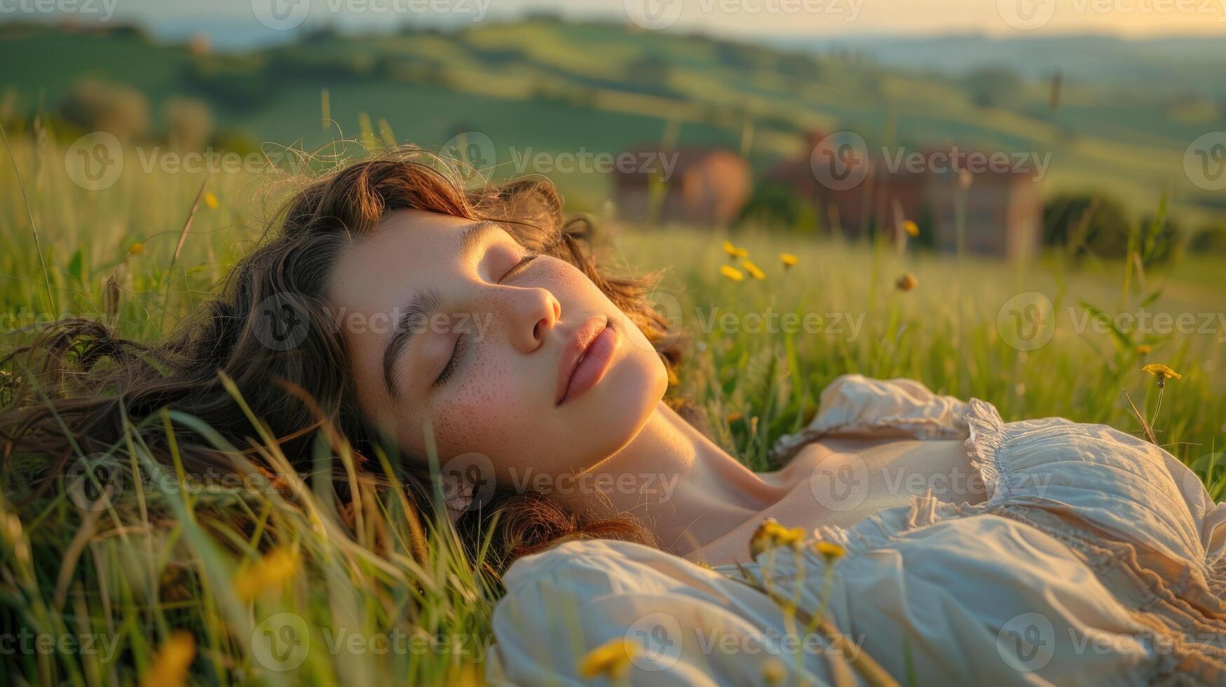 girl resting and relaxing on flower field, ai photo