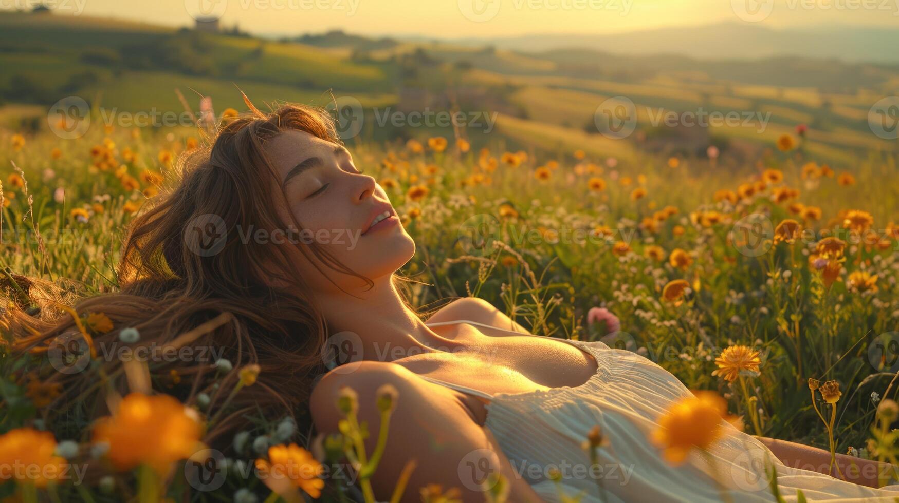 girl resting and relaxing on flower field, ai photo