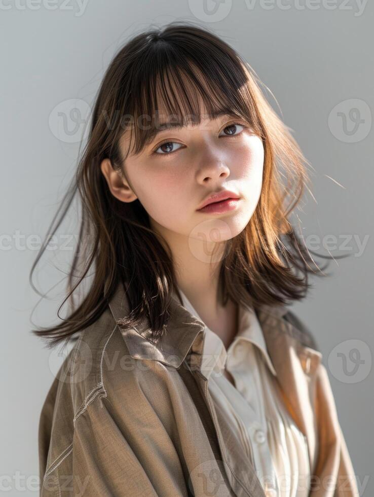 japanese fashion model girl with brown hair bangs, ai photo