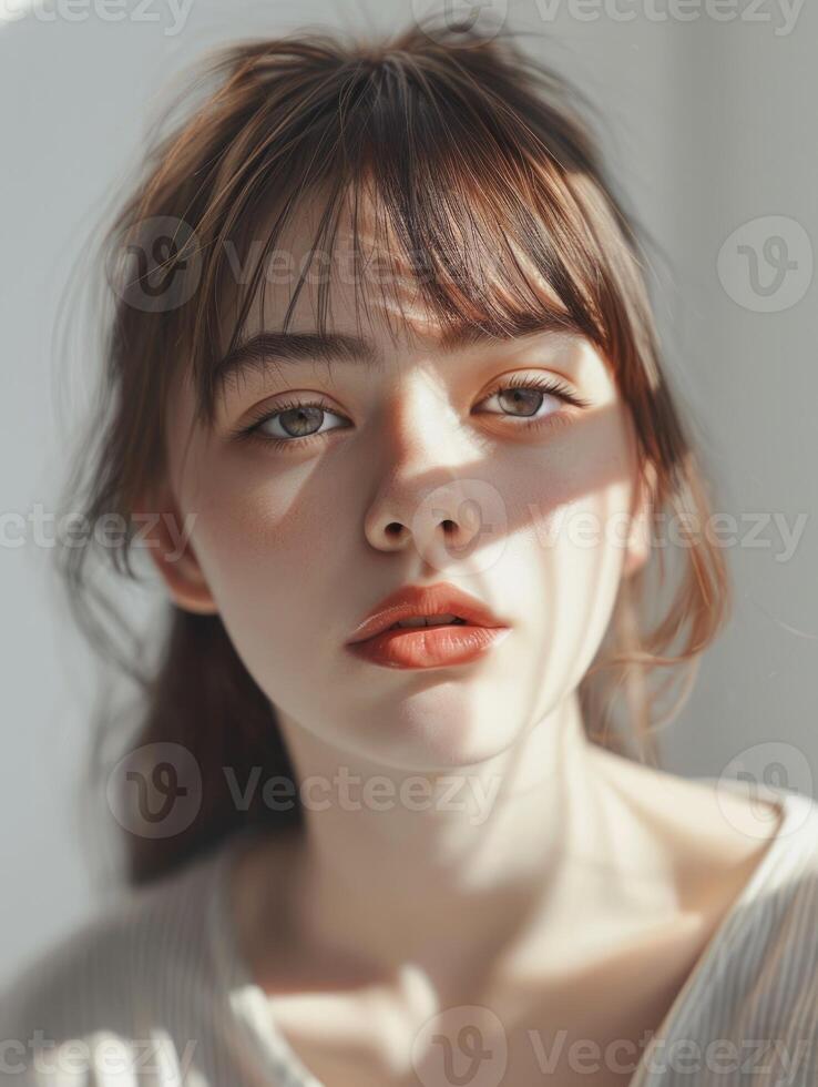 japanese fashion model girl with brown hair bangs, ai photo