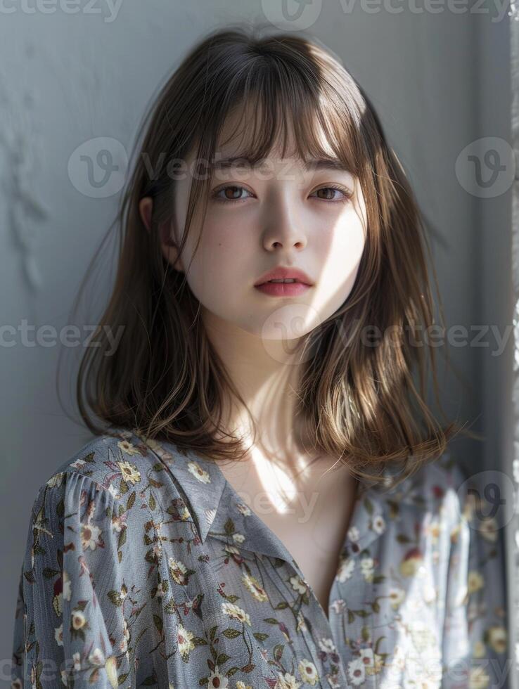 japonés Moda modelo niña con marrón pelo golpes, ai foto