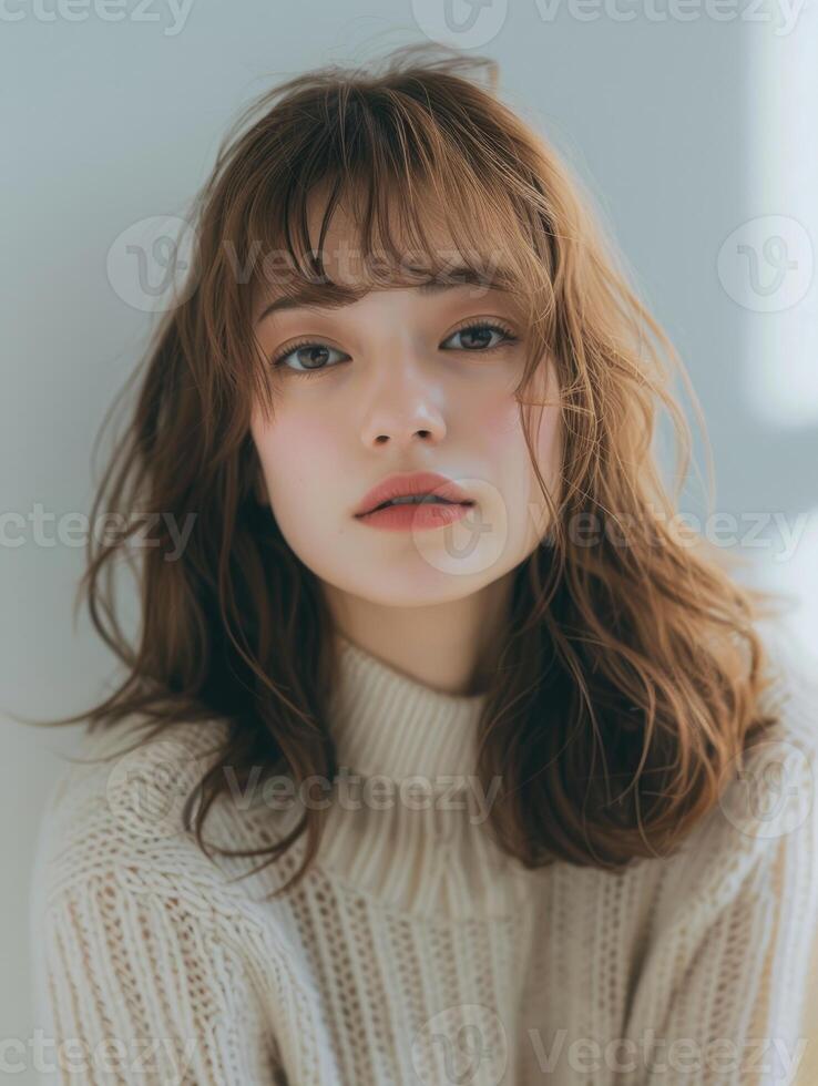 japanese fashion model girl with brown hair bangs, ai photo