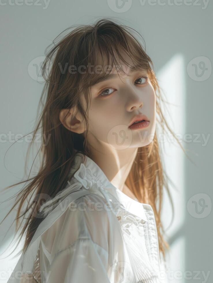 japanese fashion model girl with brown hair bangs, ai photo