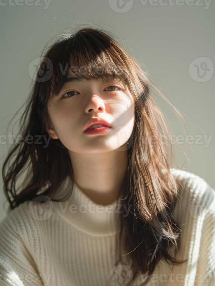 japanese fashion model girl with brown hair bangs, ai photo