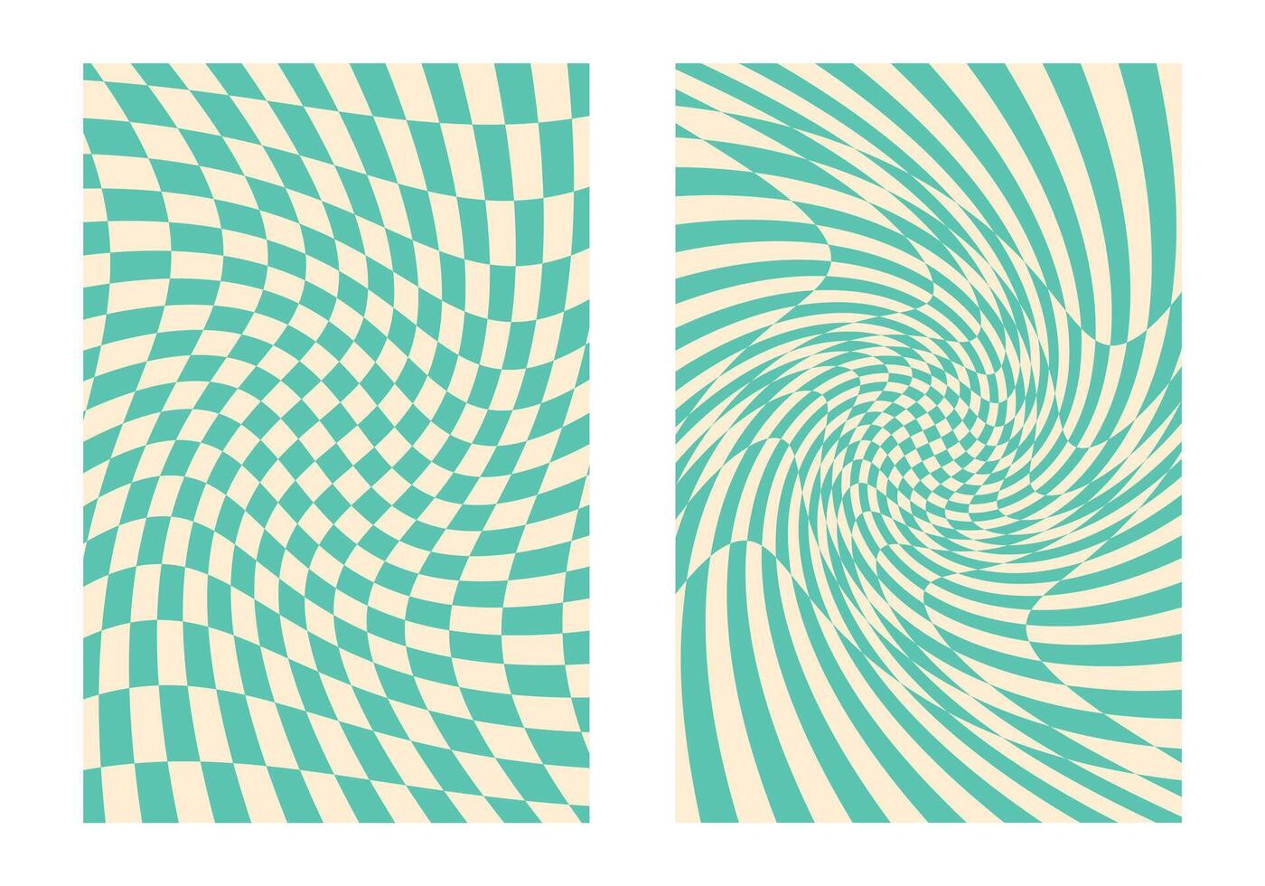 Set of groovy green checkered backgrounds in 70s retro style vector