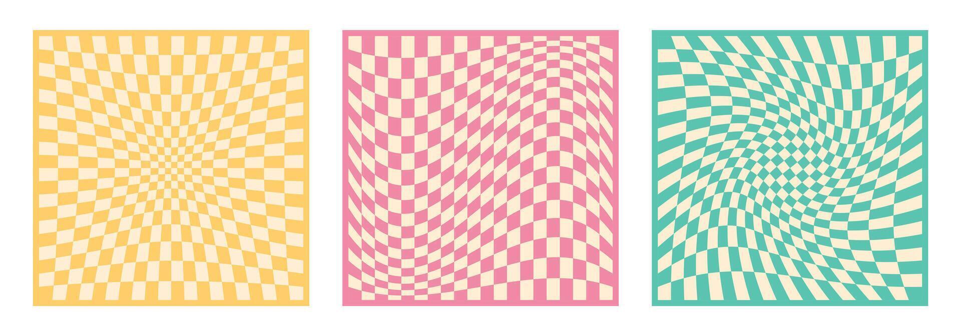 Set of groovy checkered backgrounds in 70s retro style vector
