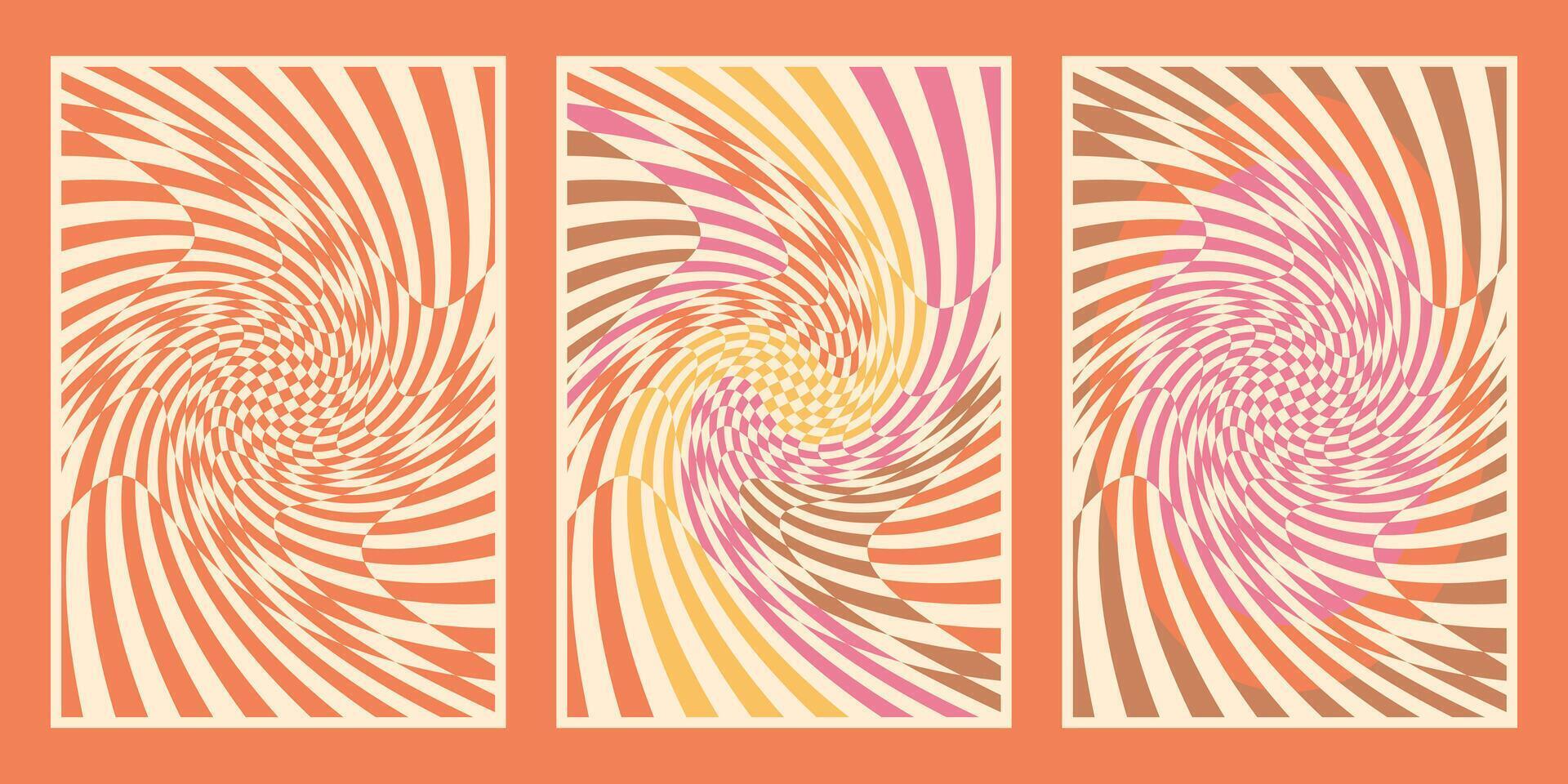 Set of groovy orange checkered backgrounds in retro style vector