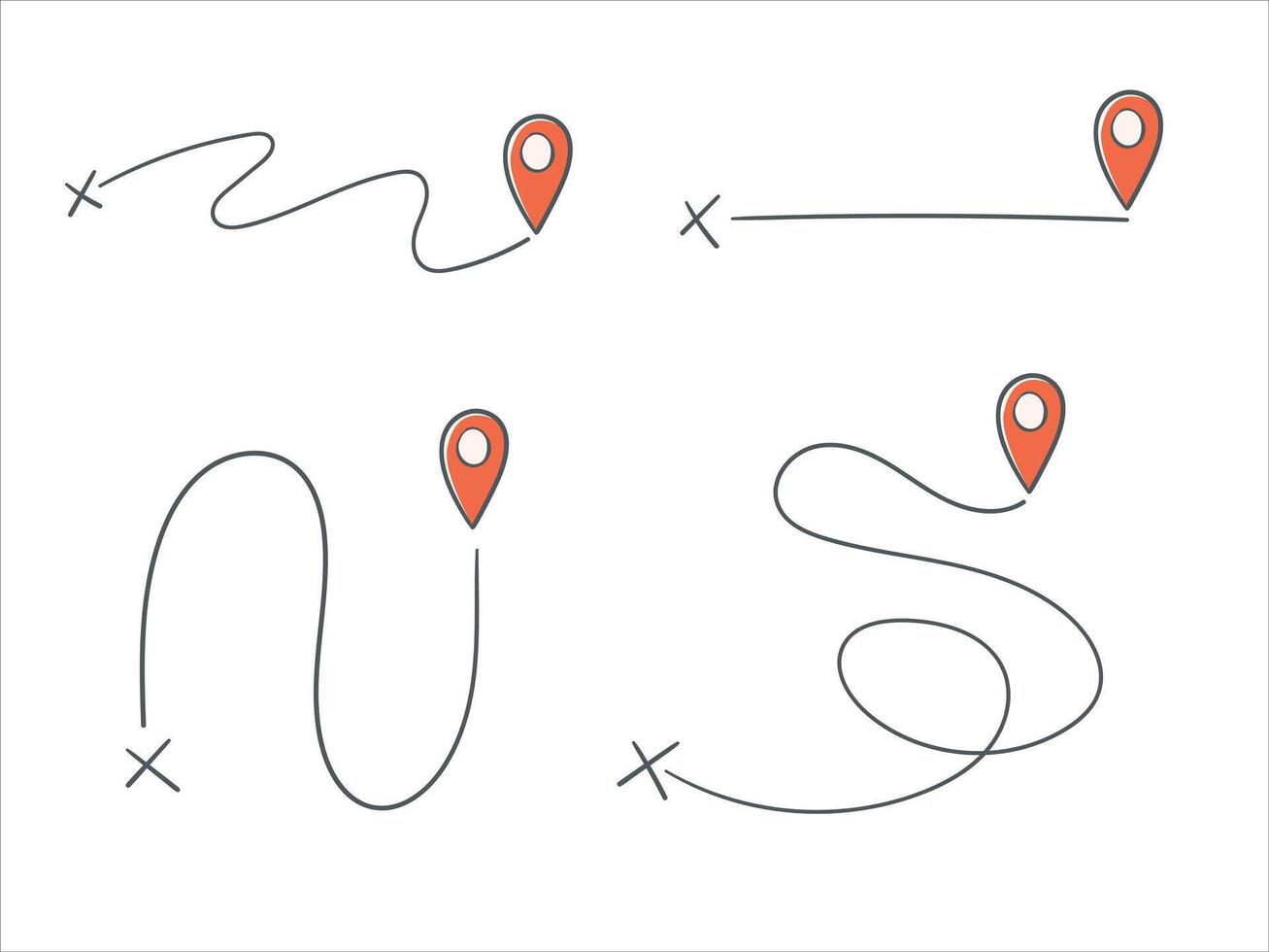 Hand drawn pin location, gps route map vector
