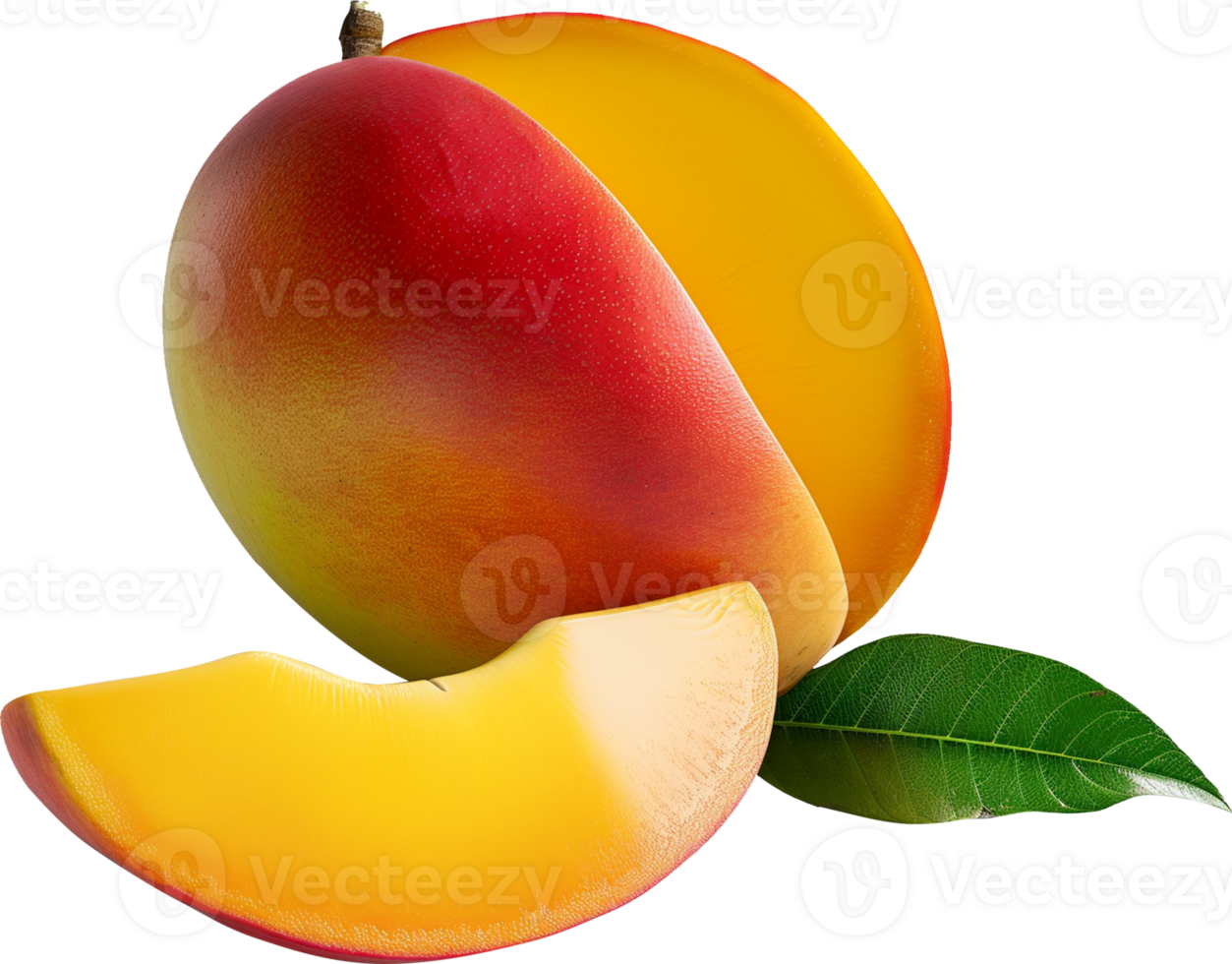 Delicious mango slice with leaves isolated on a transparent background png