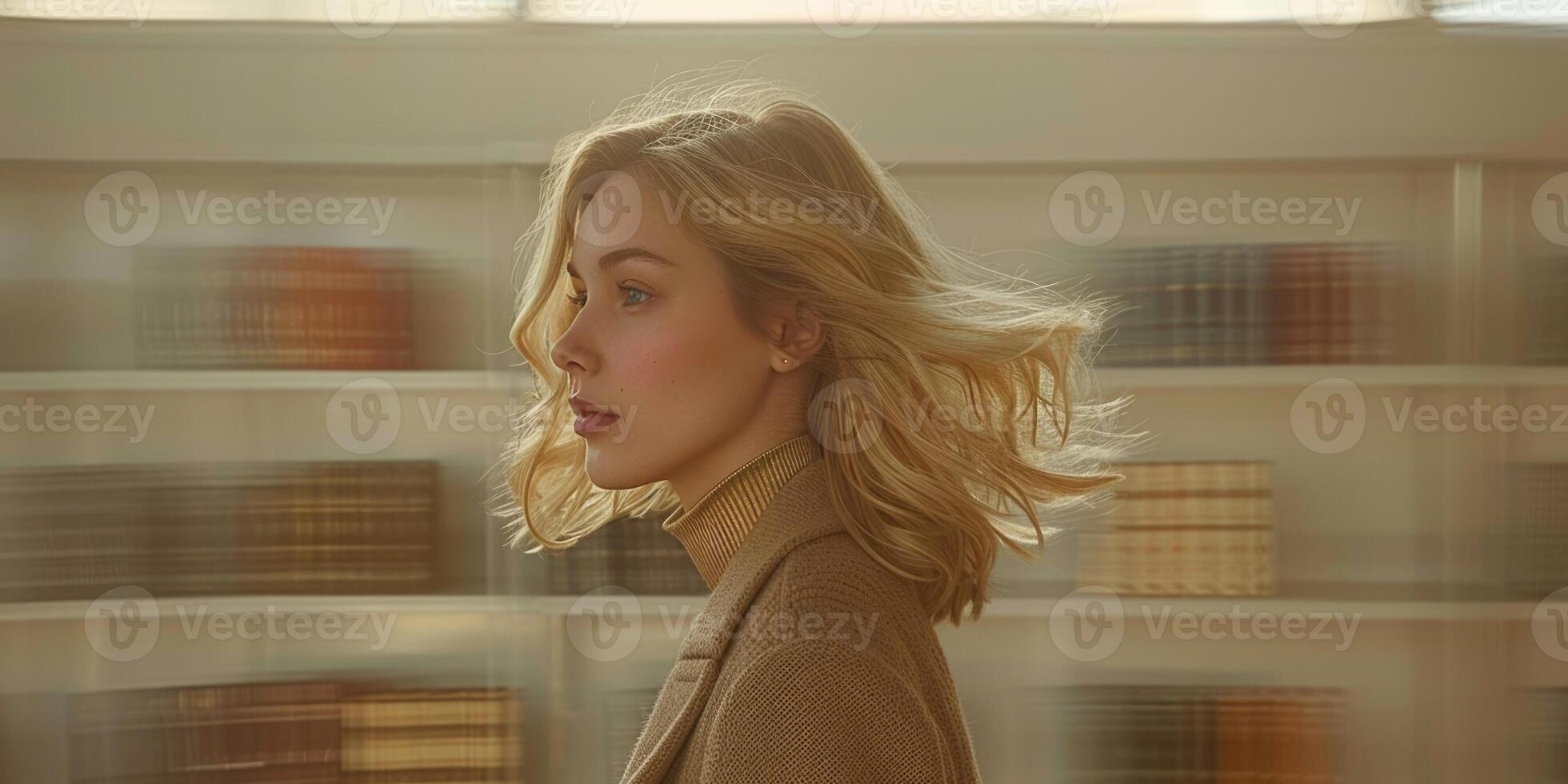 blonde fashion girl gold dress cardigan walking near window apartment, ai photo