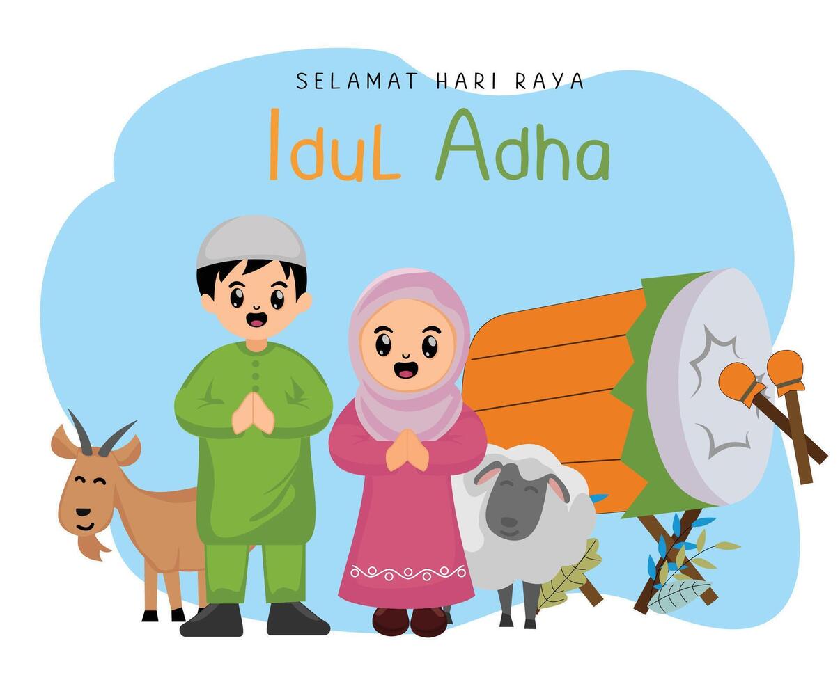 cute boy and girl muslim celebrating happy eid al adha mubarak with percussion and animal goat sacrificial vector