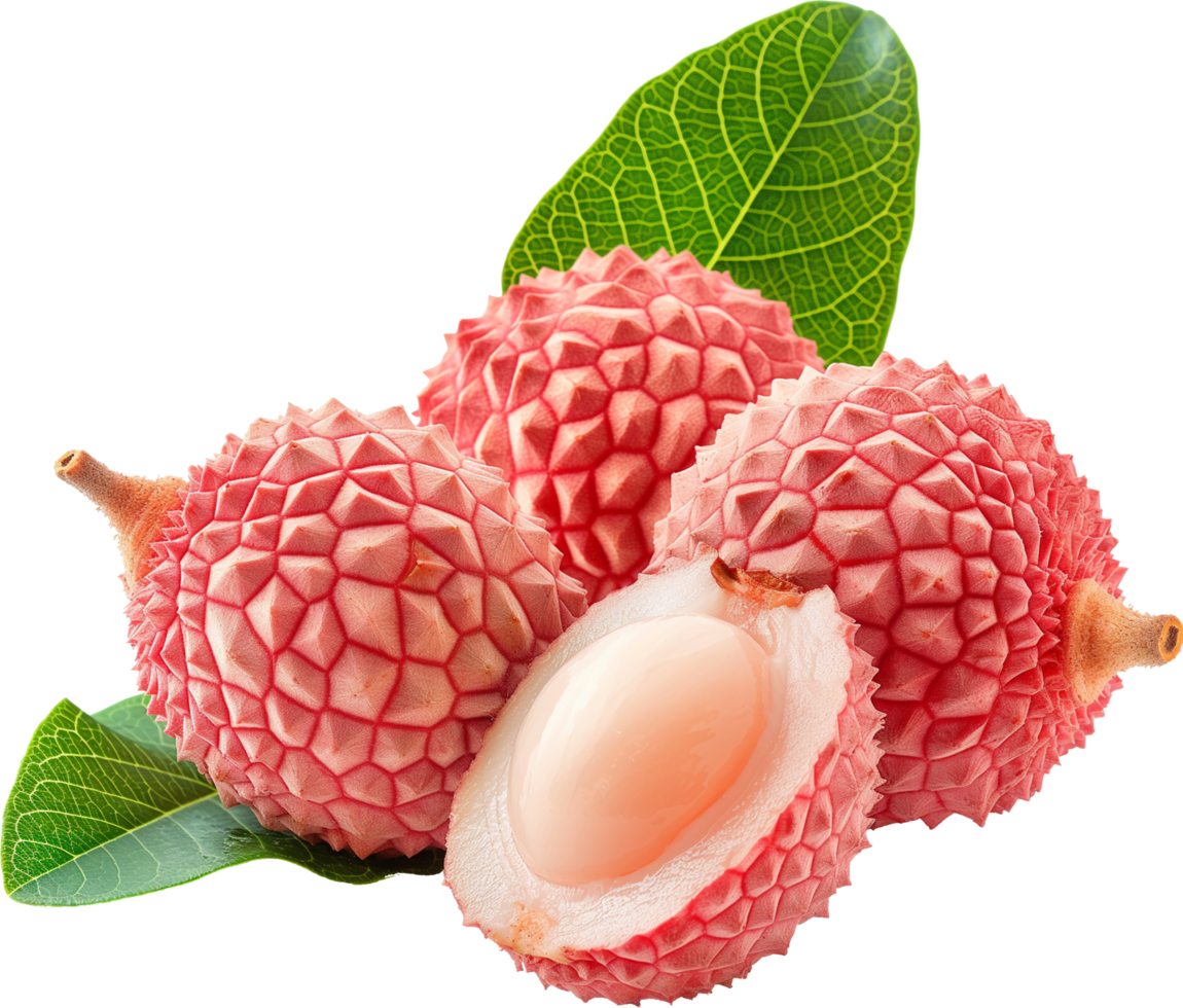a few lychees with leaves isolated on a transparent background png