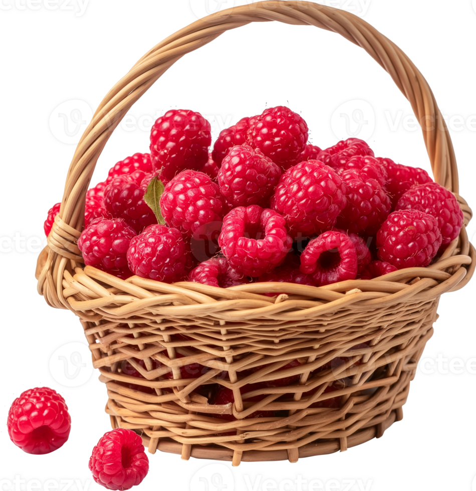 Fresh ripe Raspberries in a wicker basket isolated on a transparent background png