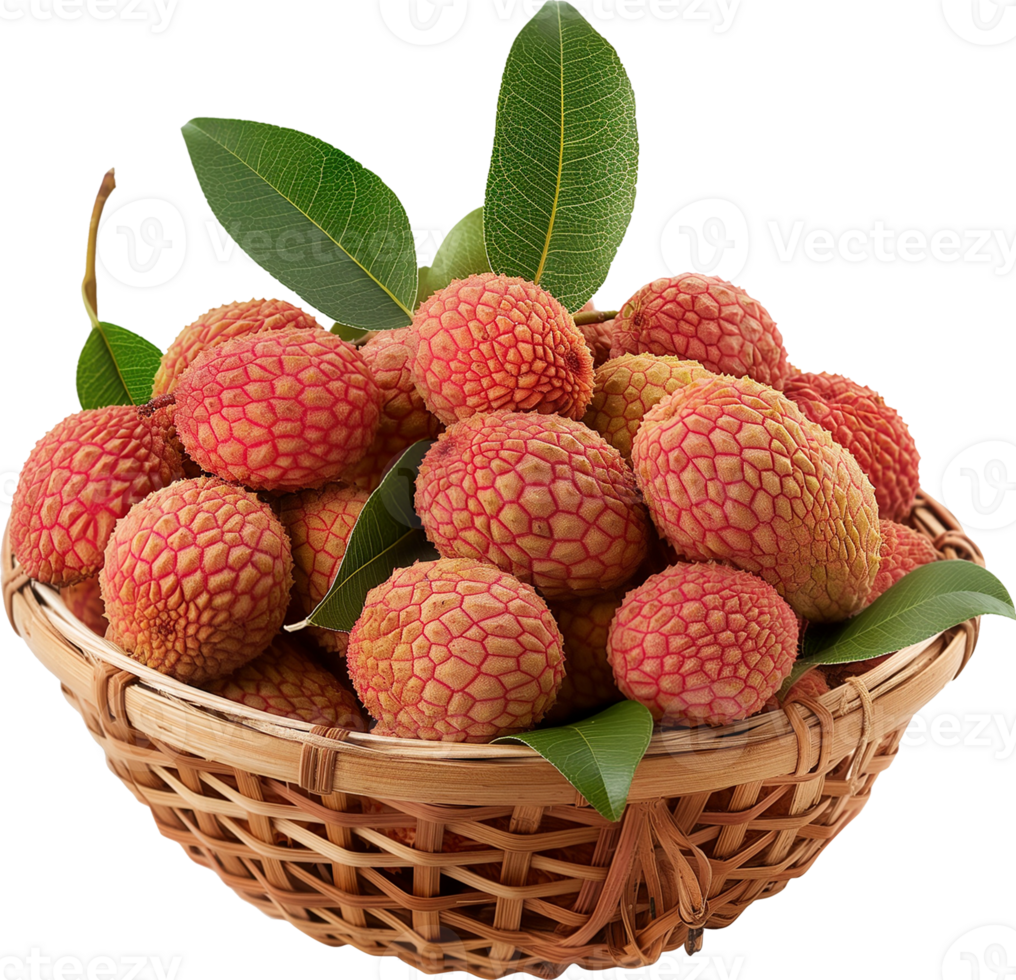 Ripe lychees in a basket isolated on a transparent background png