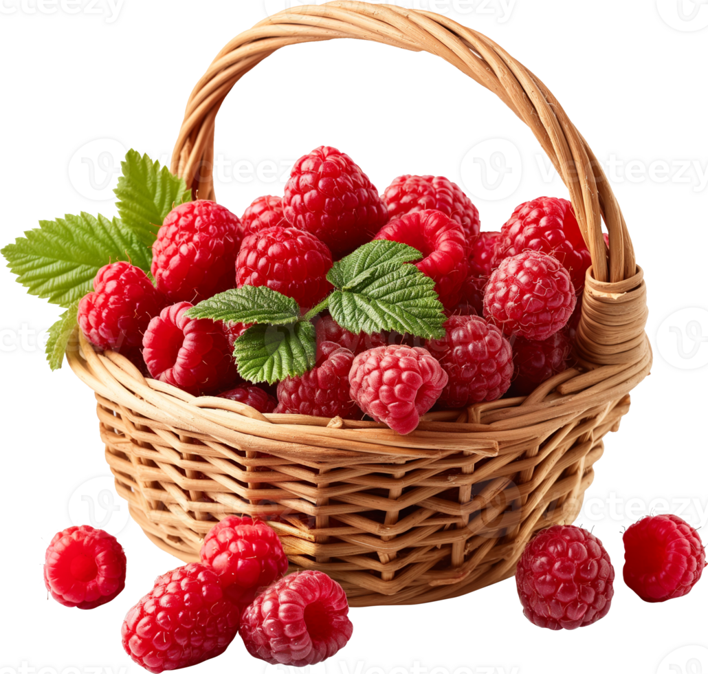 Delicious Ripe Raspberry fruits in a basket isolated on a transparent background png