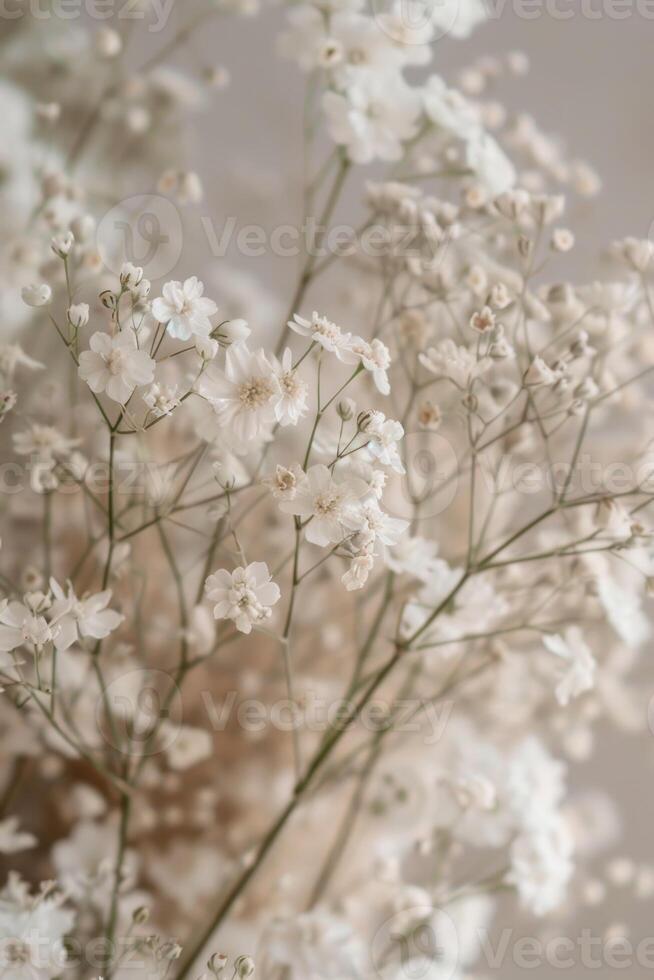 delicate soft white flowers closeup, ai photo