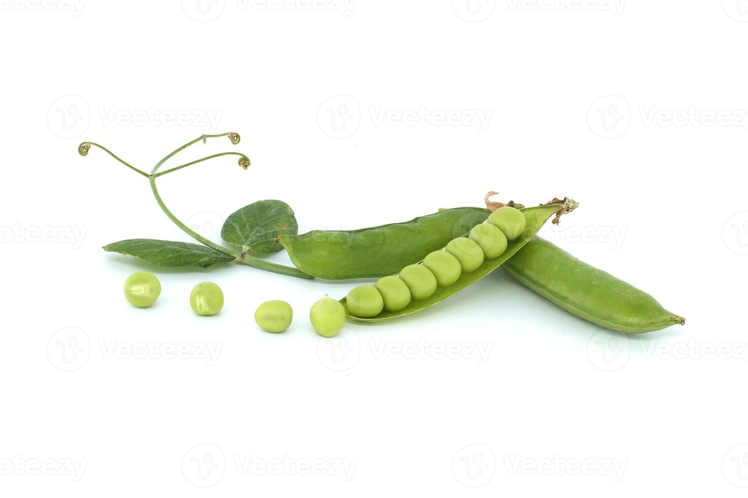 Group of green pea pods and peas isolated on white photo