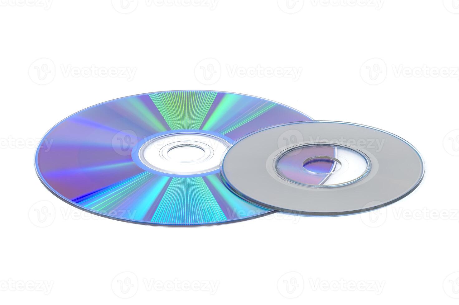 Close up of a CD positioned flat on a plain white background photo