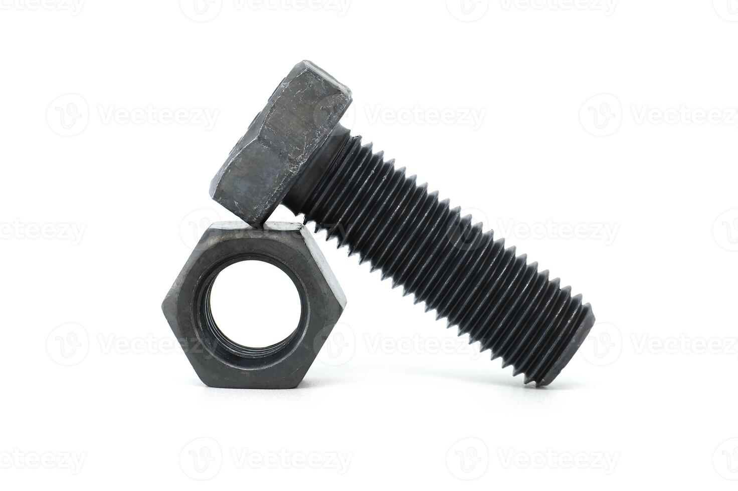 Single hex head bolt and nut isolated on white photo