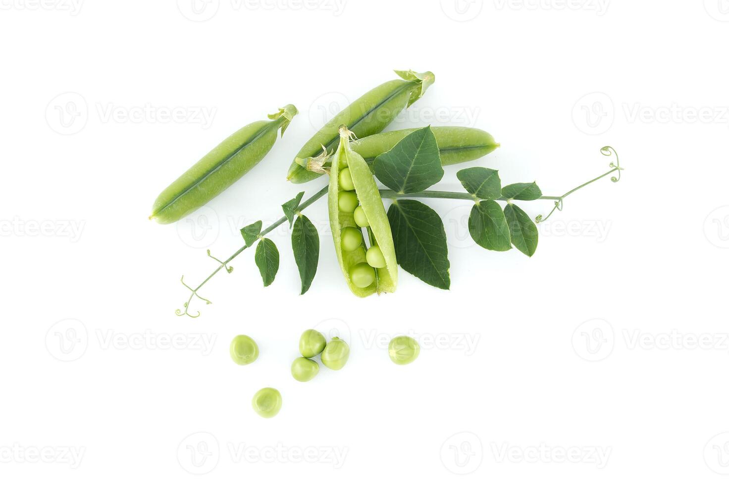 Group of green pea pods and peas isolated on white photo