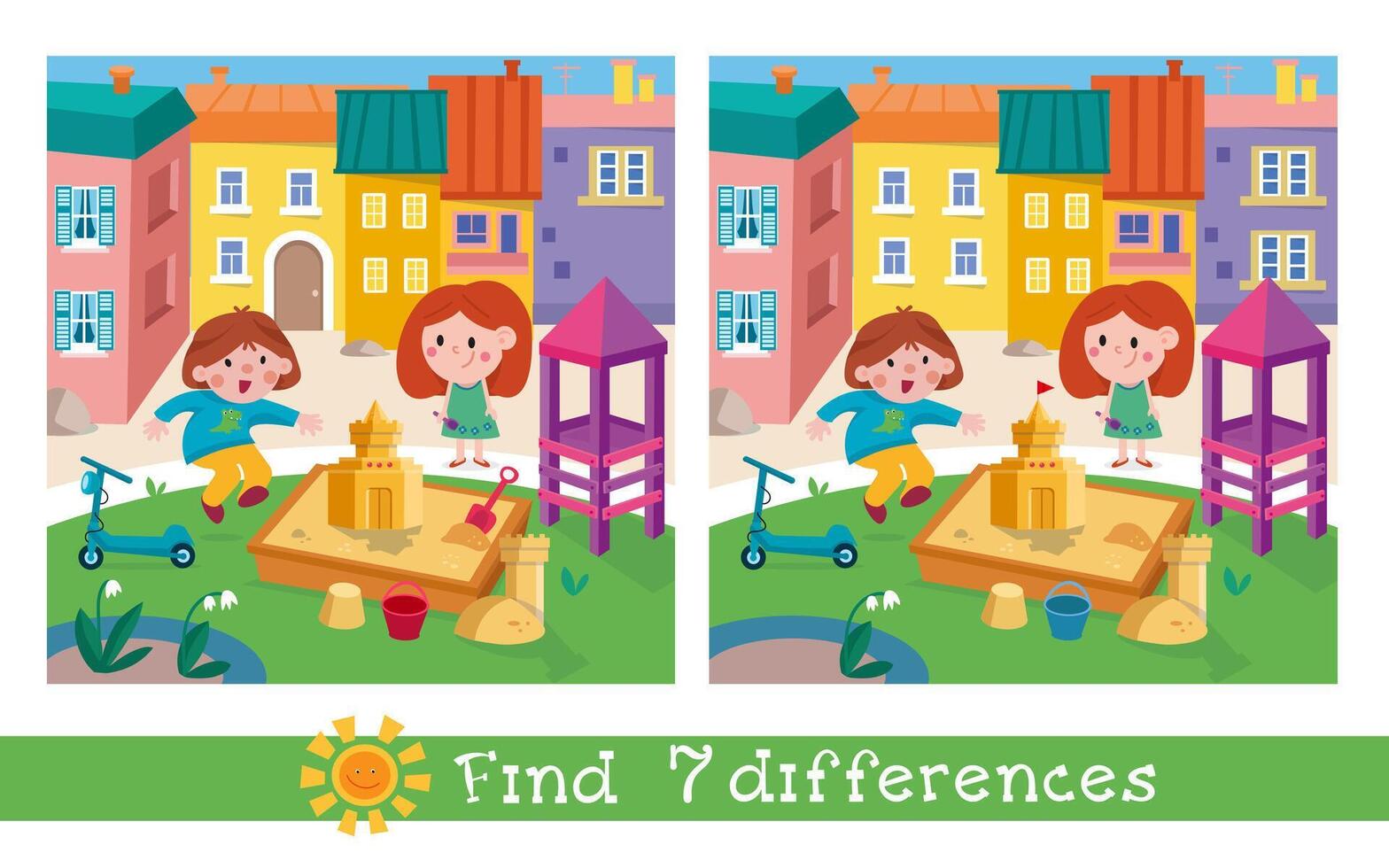 encontrar 7 7 diferencias juego para niños. linda niños en patio de recreo dibujos animados personaje. ilustración. vector