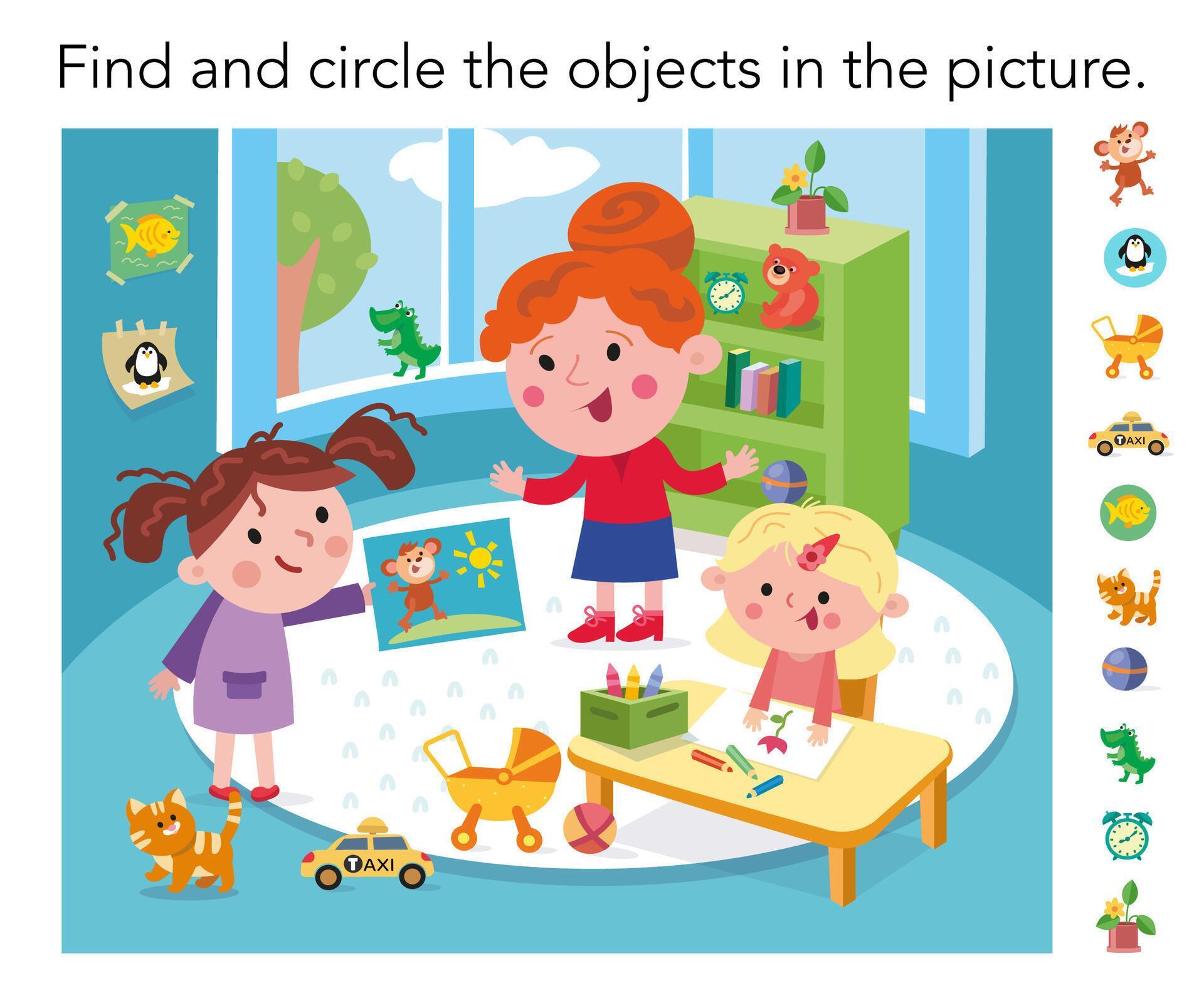 Cute girls and teacher in kindergarten. Find hidden objects. Game for ...
