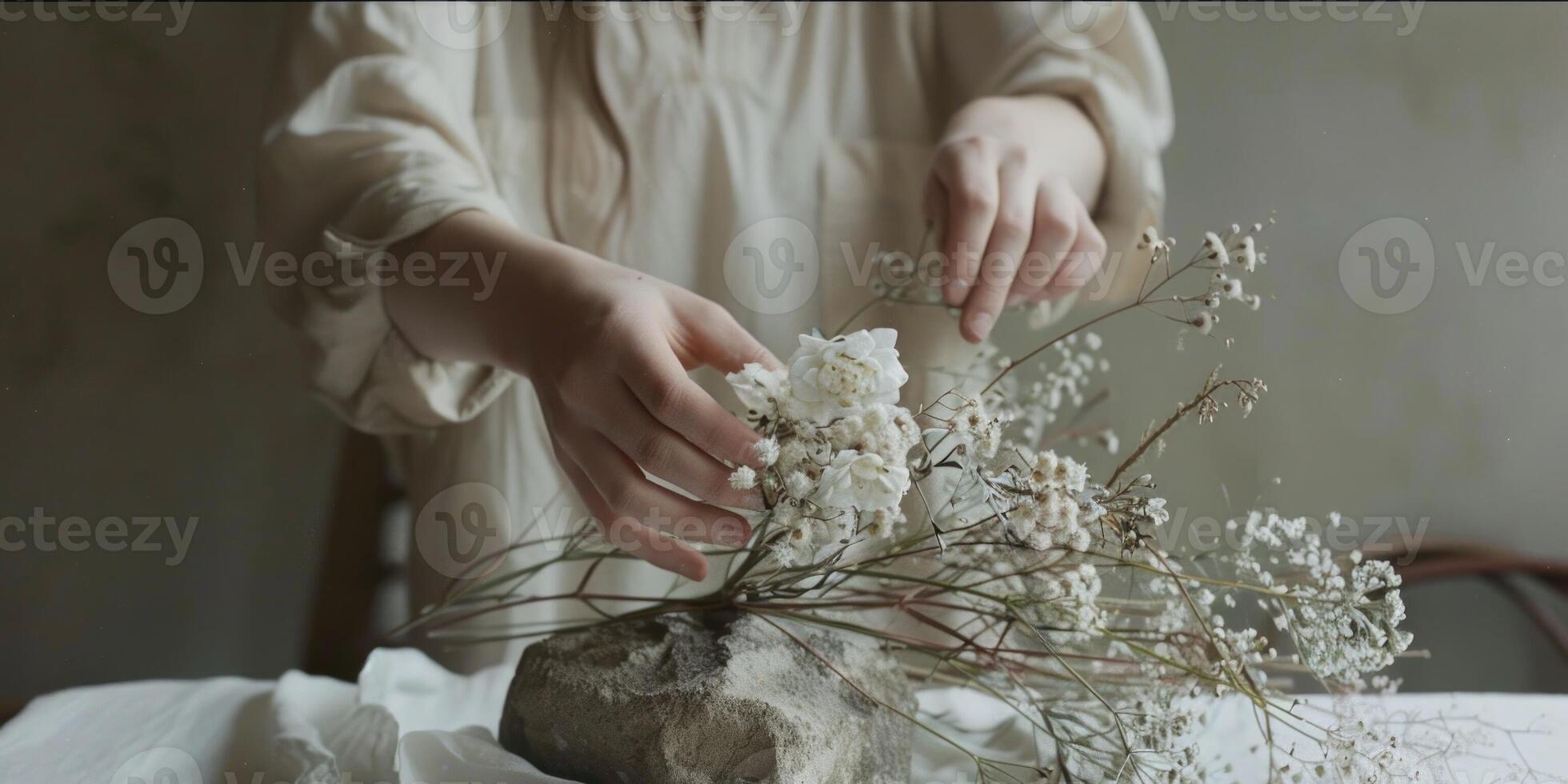 a female holding Gypsophila paniculata Baby's-breath flower arrangement, ai photo