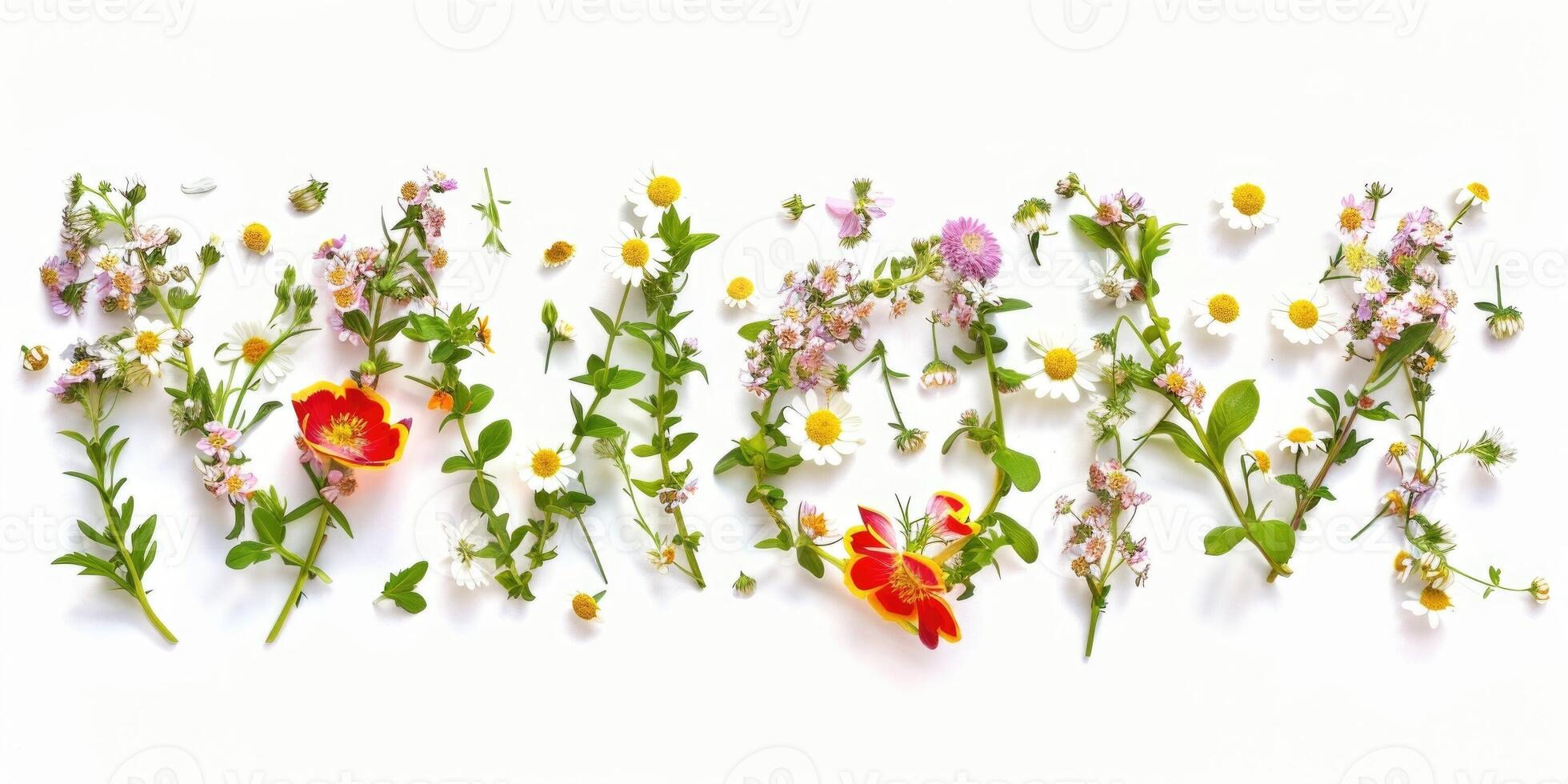 wildflowers decoration floral flatlay on white background photo