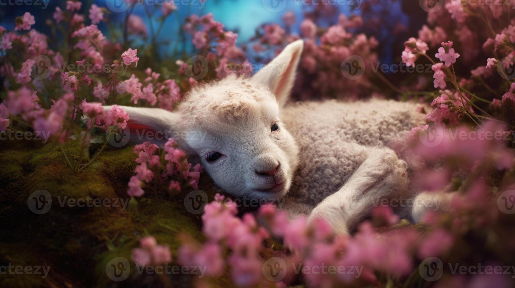 cute sleeping lamb in forest with wildflowers, ai photo