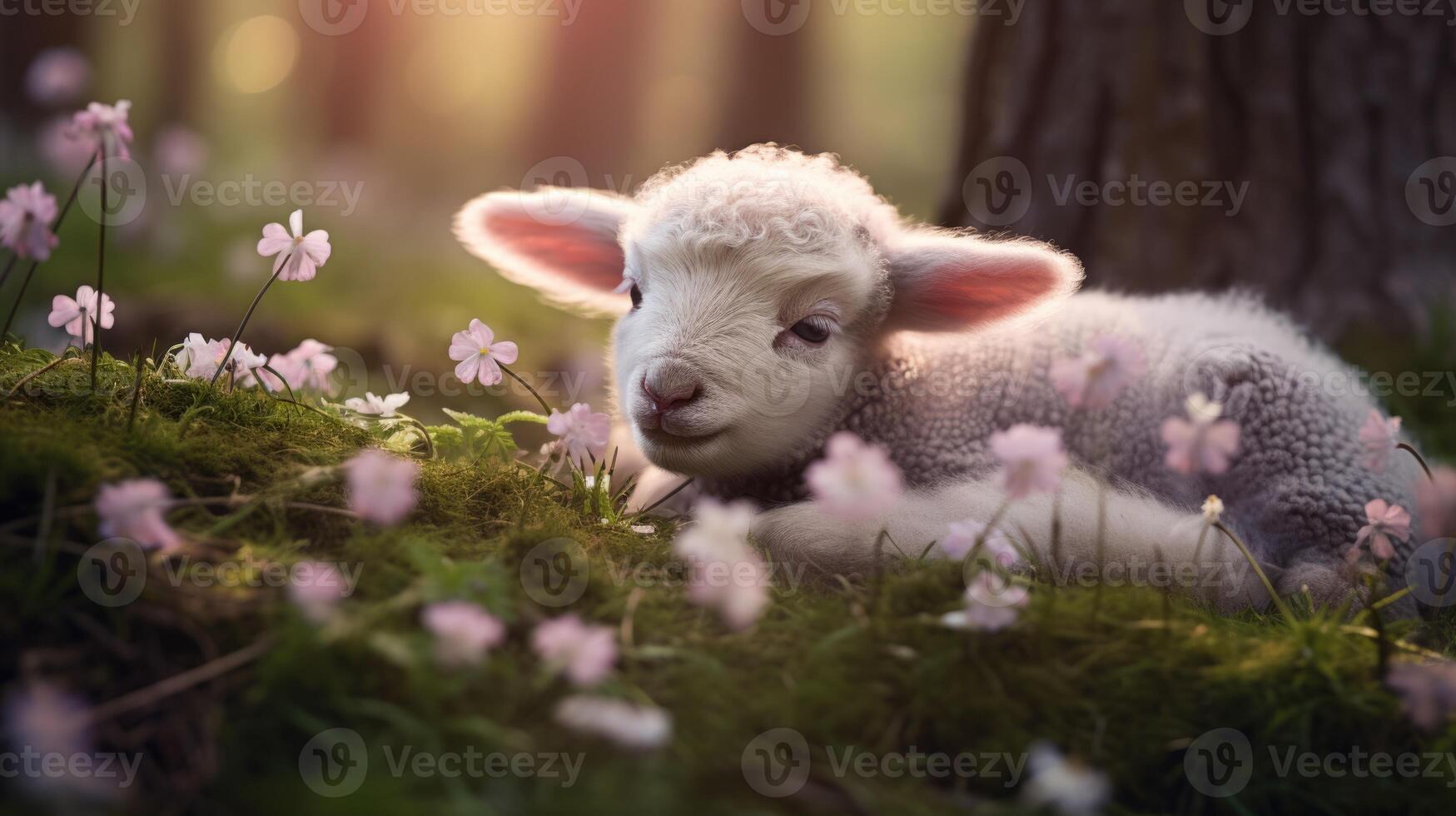 cute sleeping lamb in forest with wildflowers, ai photo