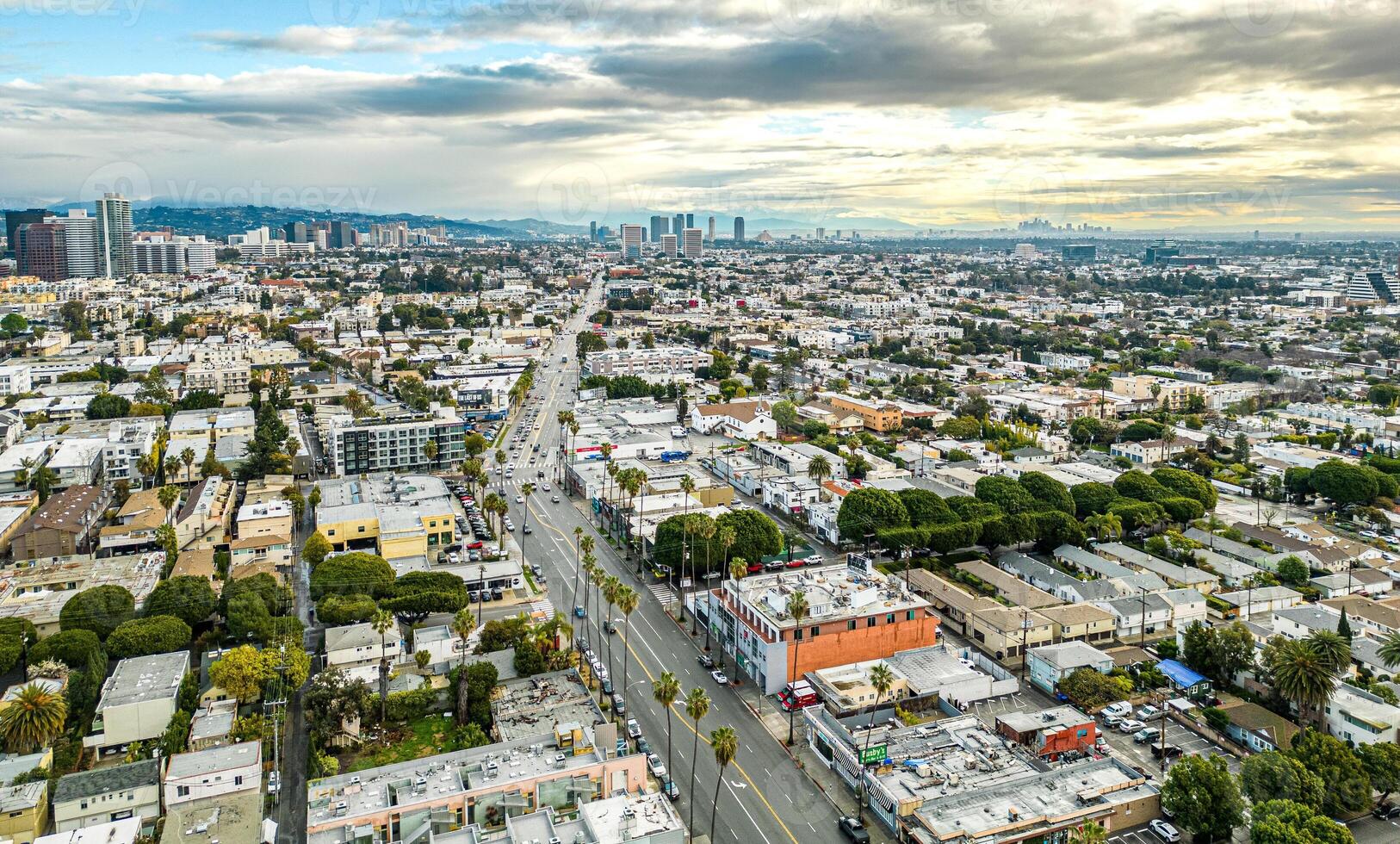 Santa Monica downtown view to Los Angeles California. Aerial Panorama of the urban city photo