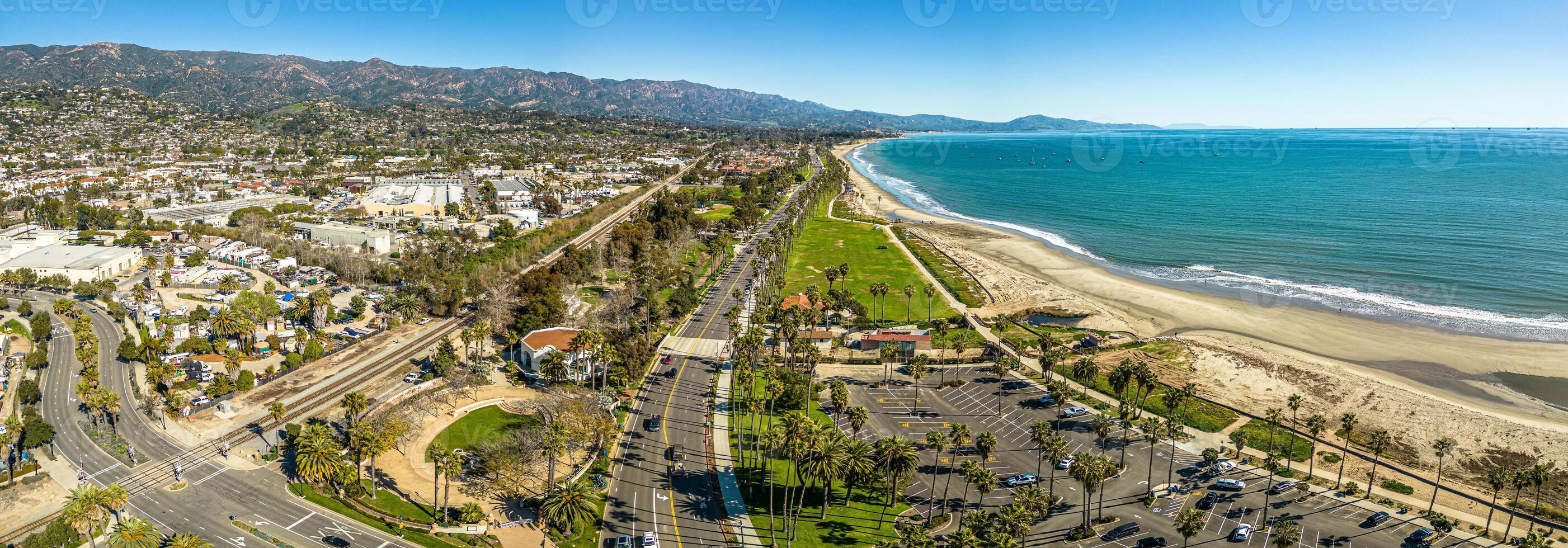 Santa Barbara Aerial Panorama. Scenic shot of Pier and beach photo