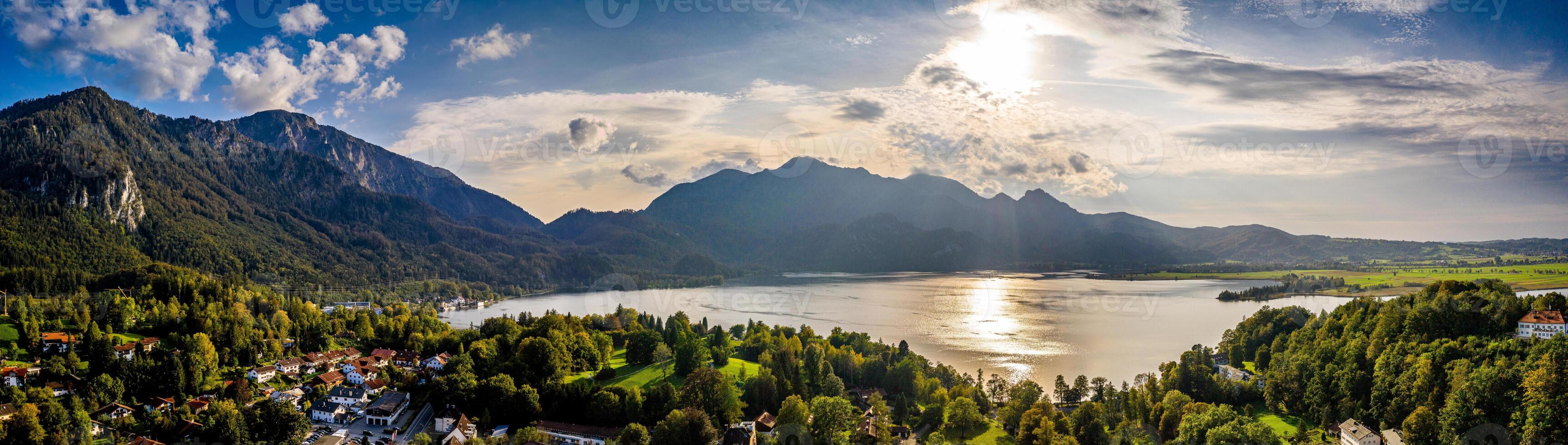 Kochelsee lake beautiful alps panorama in bavaria. Scenic Drone shot photo