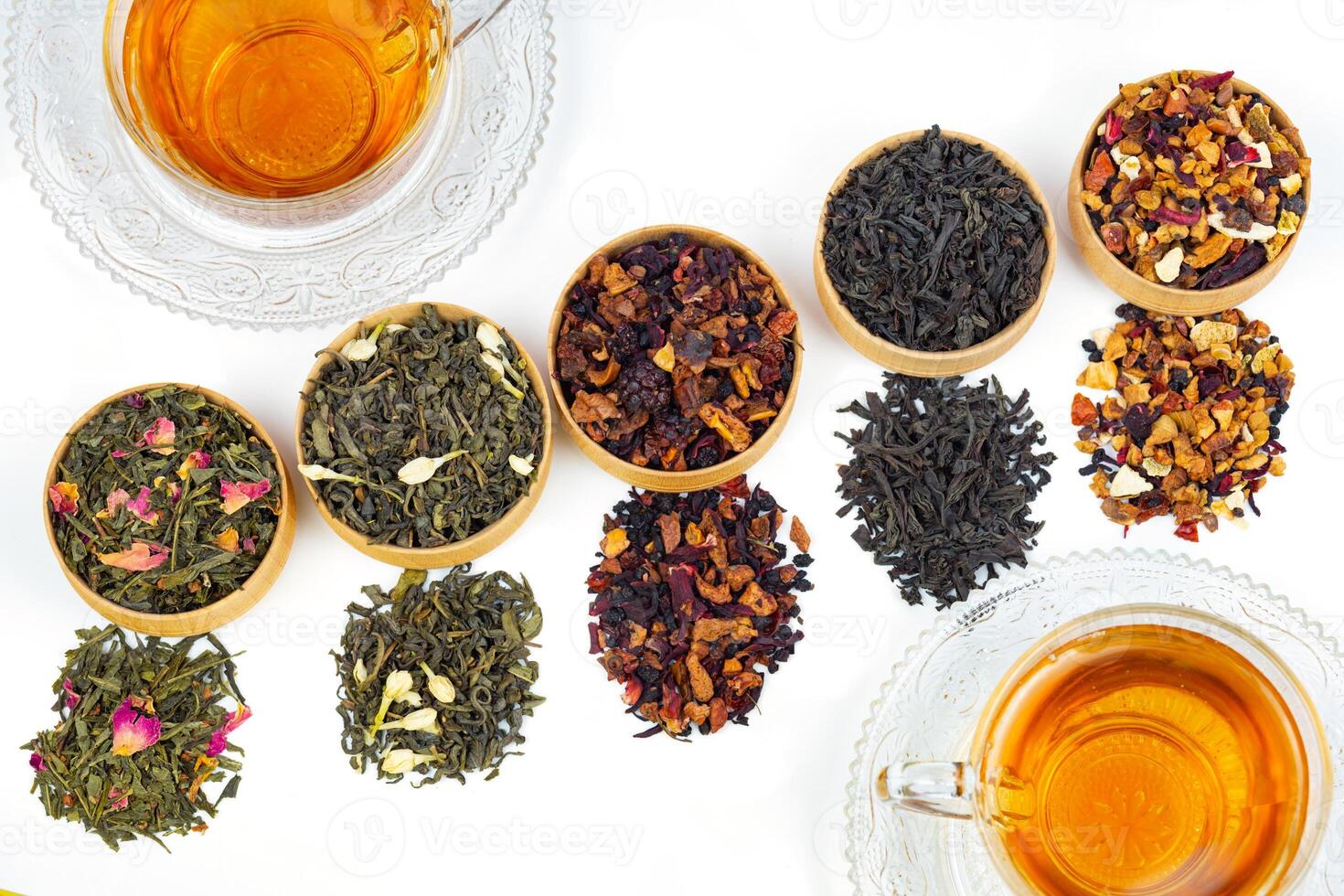 different types of tea on a white background. a kind of delicious fruit tea. photo