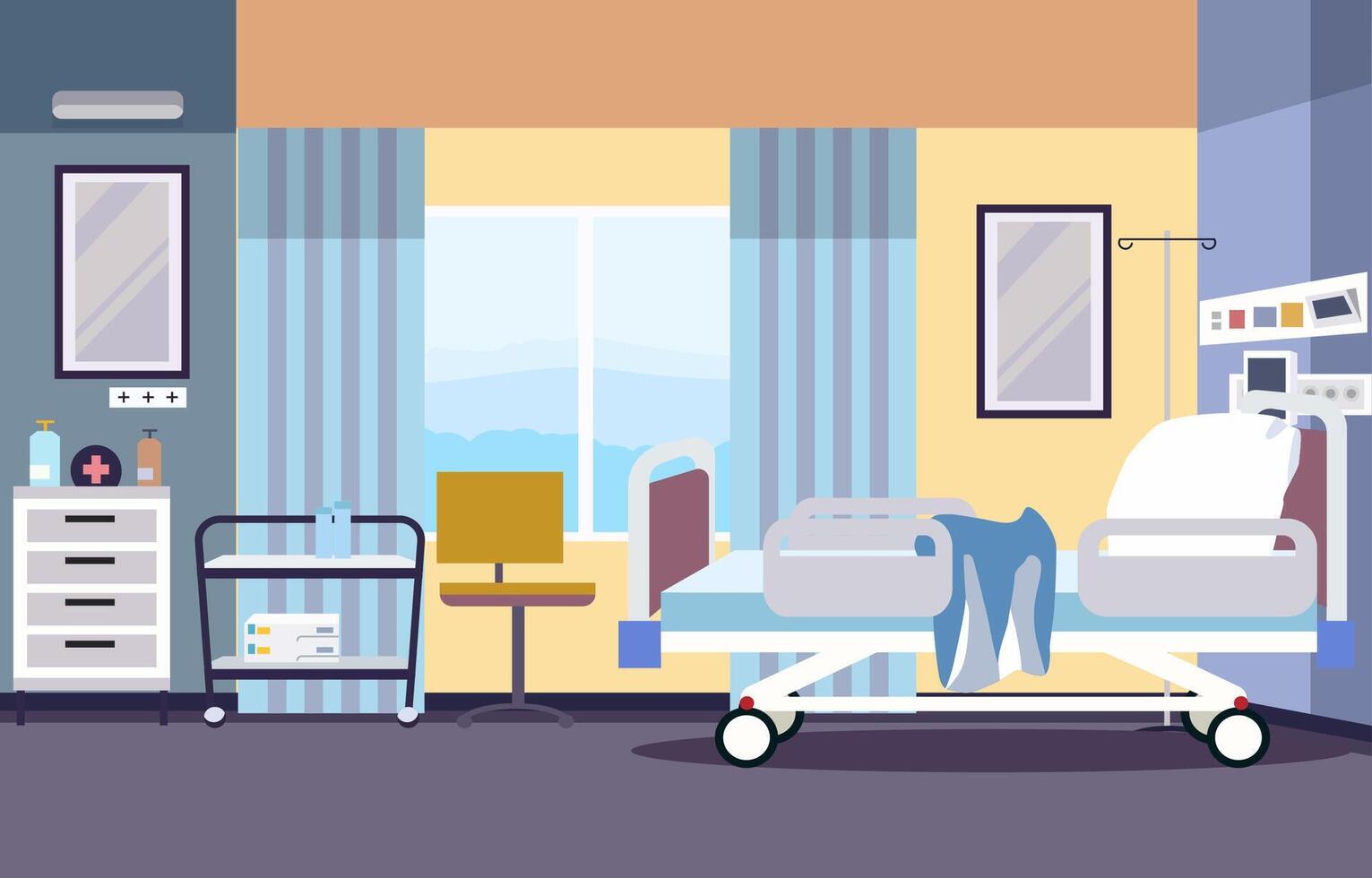 Colorful Hospital Inpatient Room with Bed and Health Medical Equipments vector